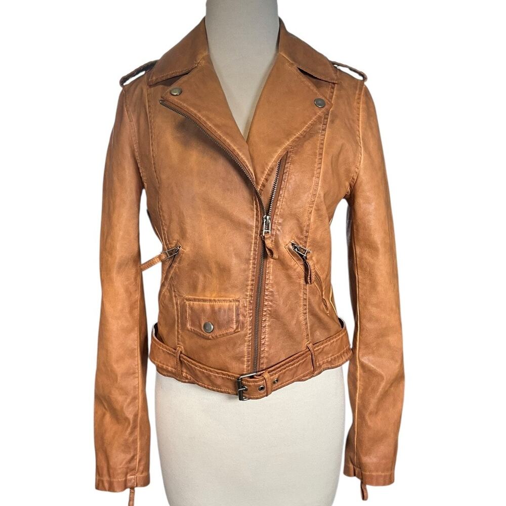 MAX Studio Faux Leather Moto Jacket Brown Belted Biker Small Cropped Moto Fall